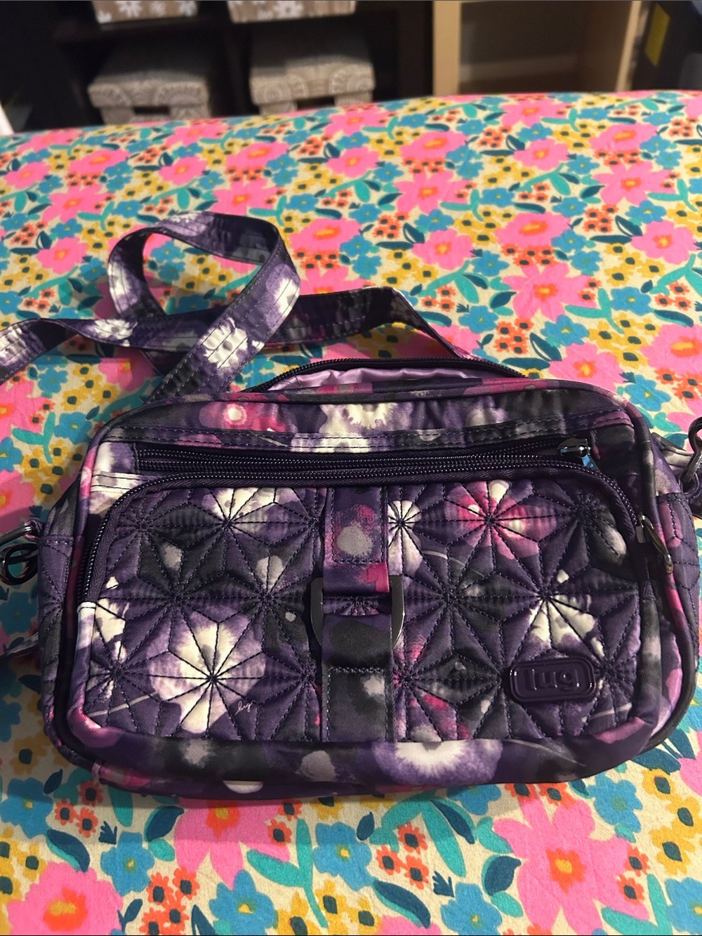 lug Quilted Purple Floral Crossbody Bag